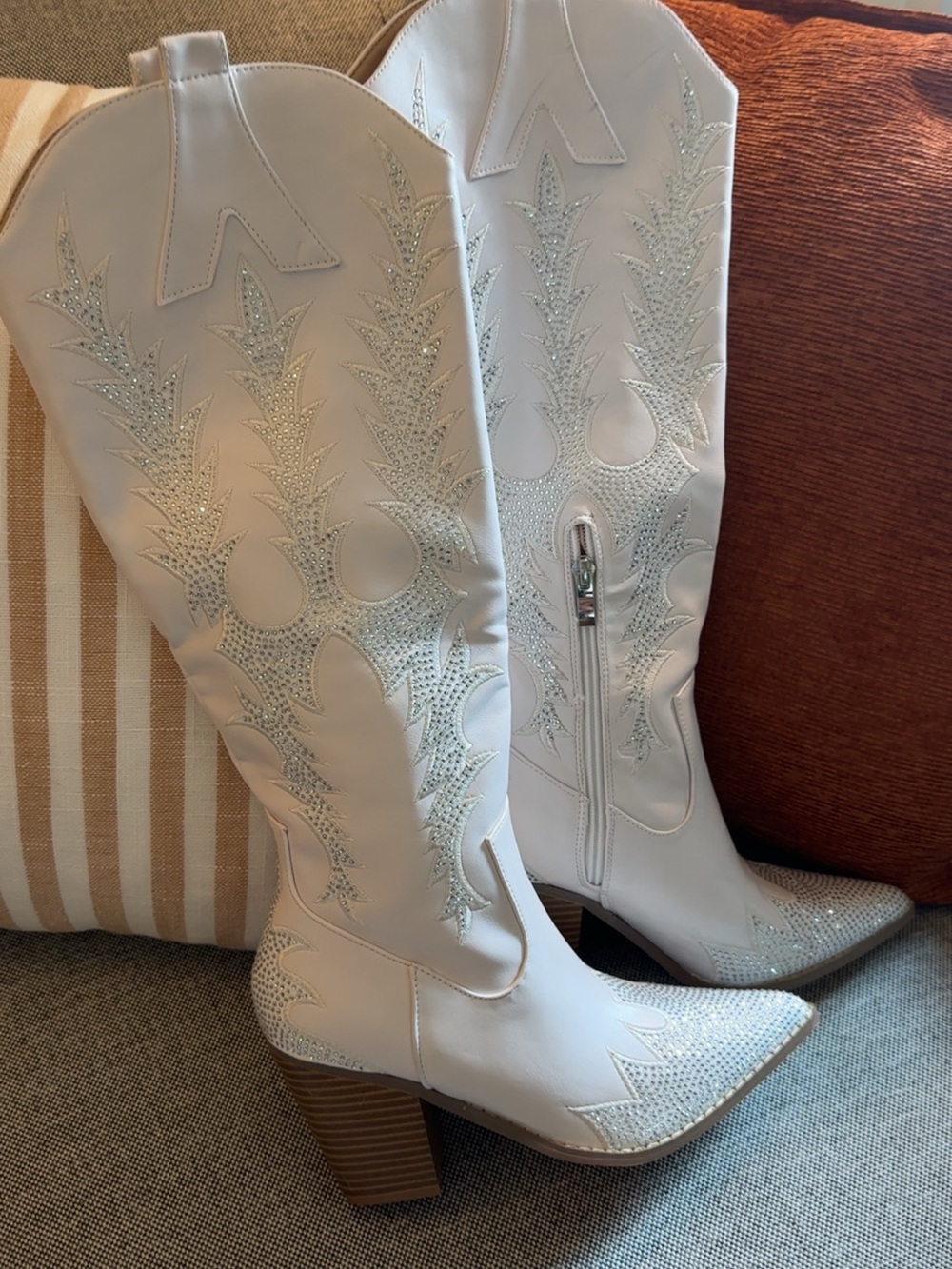 White Embellished Western Knee-High Boots